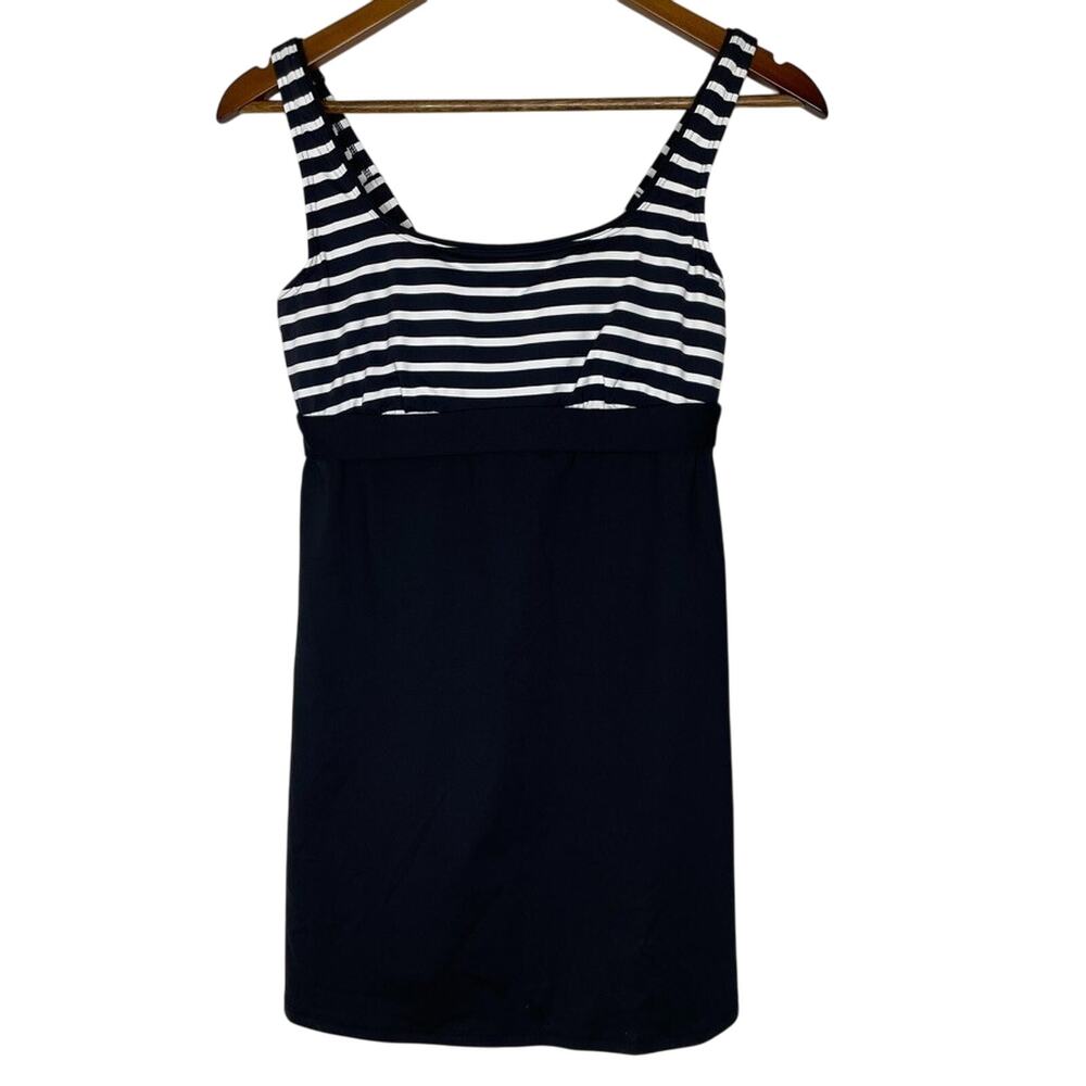 Lands’ End 6P Tankini Top Striped Black White Empire Waist Modest Swim Top